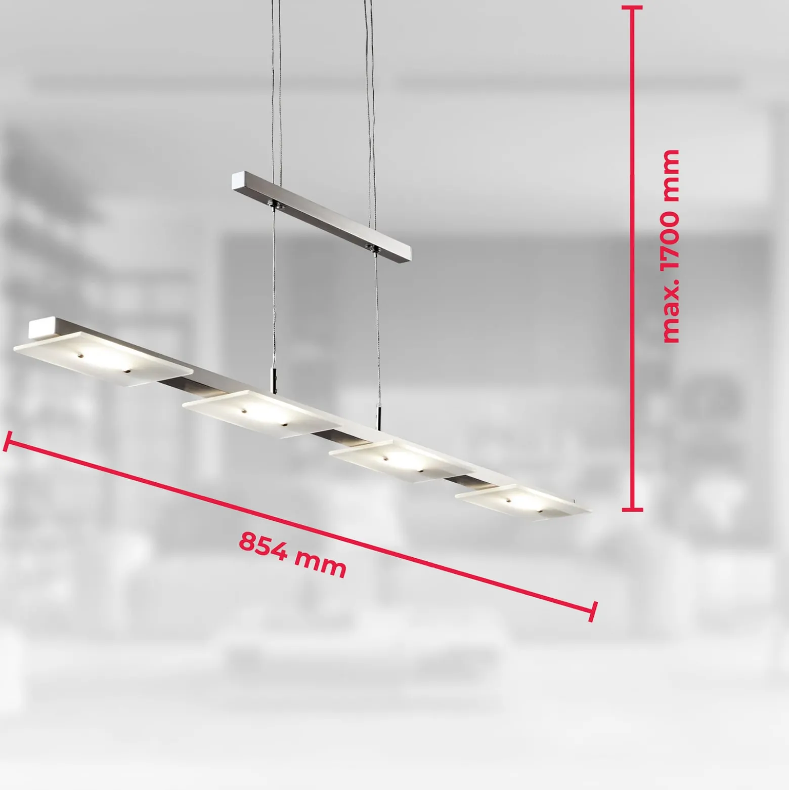 LED-riippuvalaisin Dina, 4-lamppuinen, nikkeli, korkeussäädettävä, 3 000 K