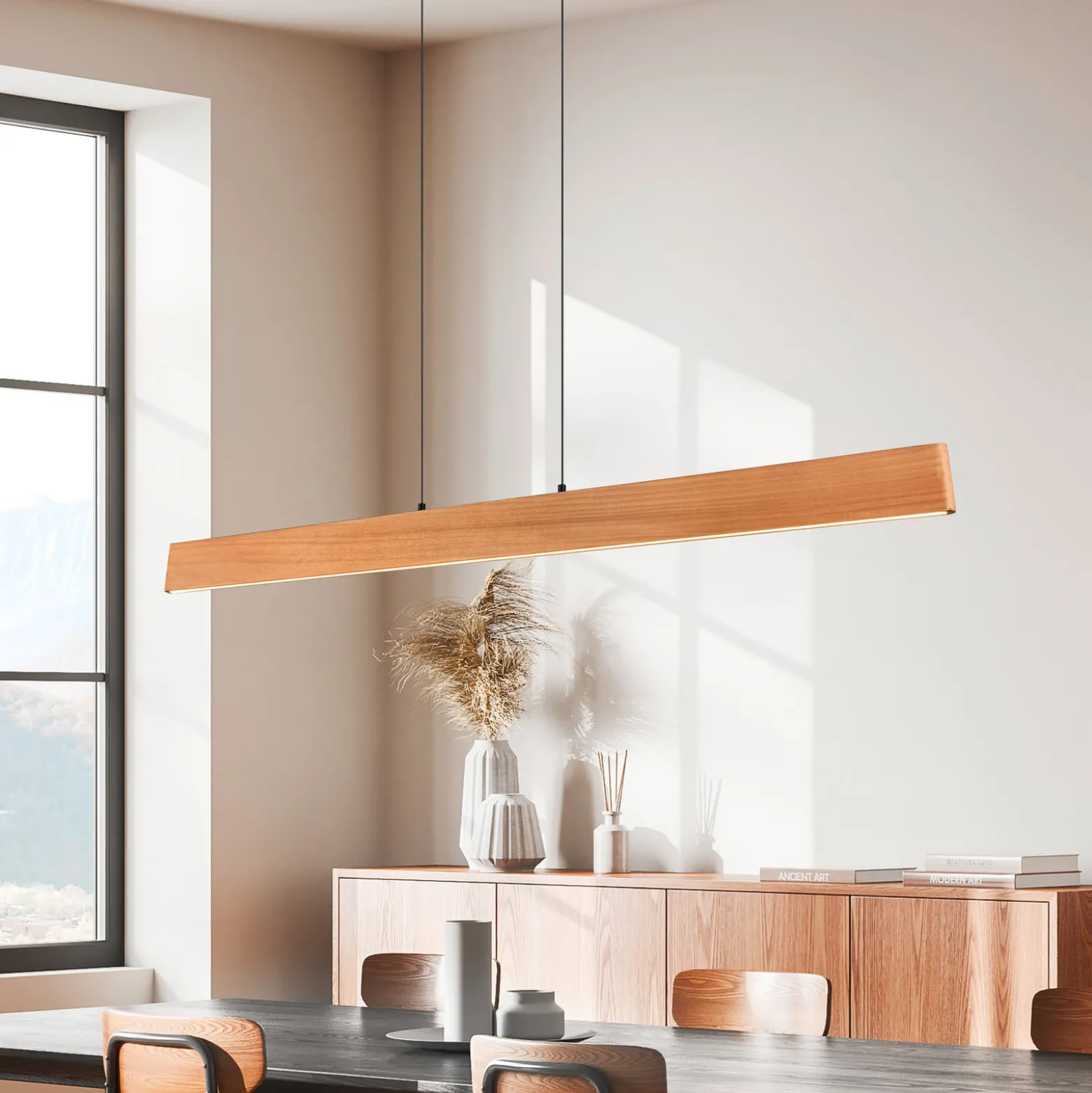 LED-riippuvalaisin Edgewood, pituus 150 cm, puunvärinen puu, CCT