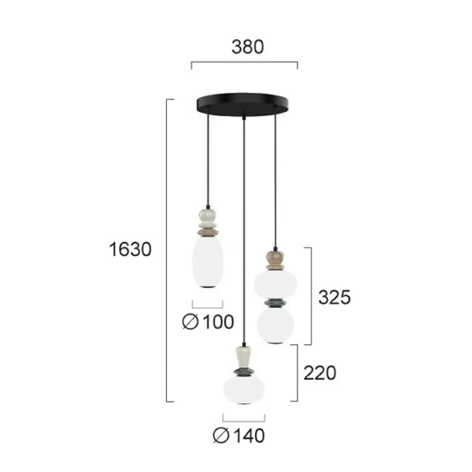 LED-riippuvalaisin Gemma, Ø 38 cm, värikäs, lasi/keramiikka, 3-lamppuinen.