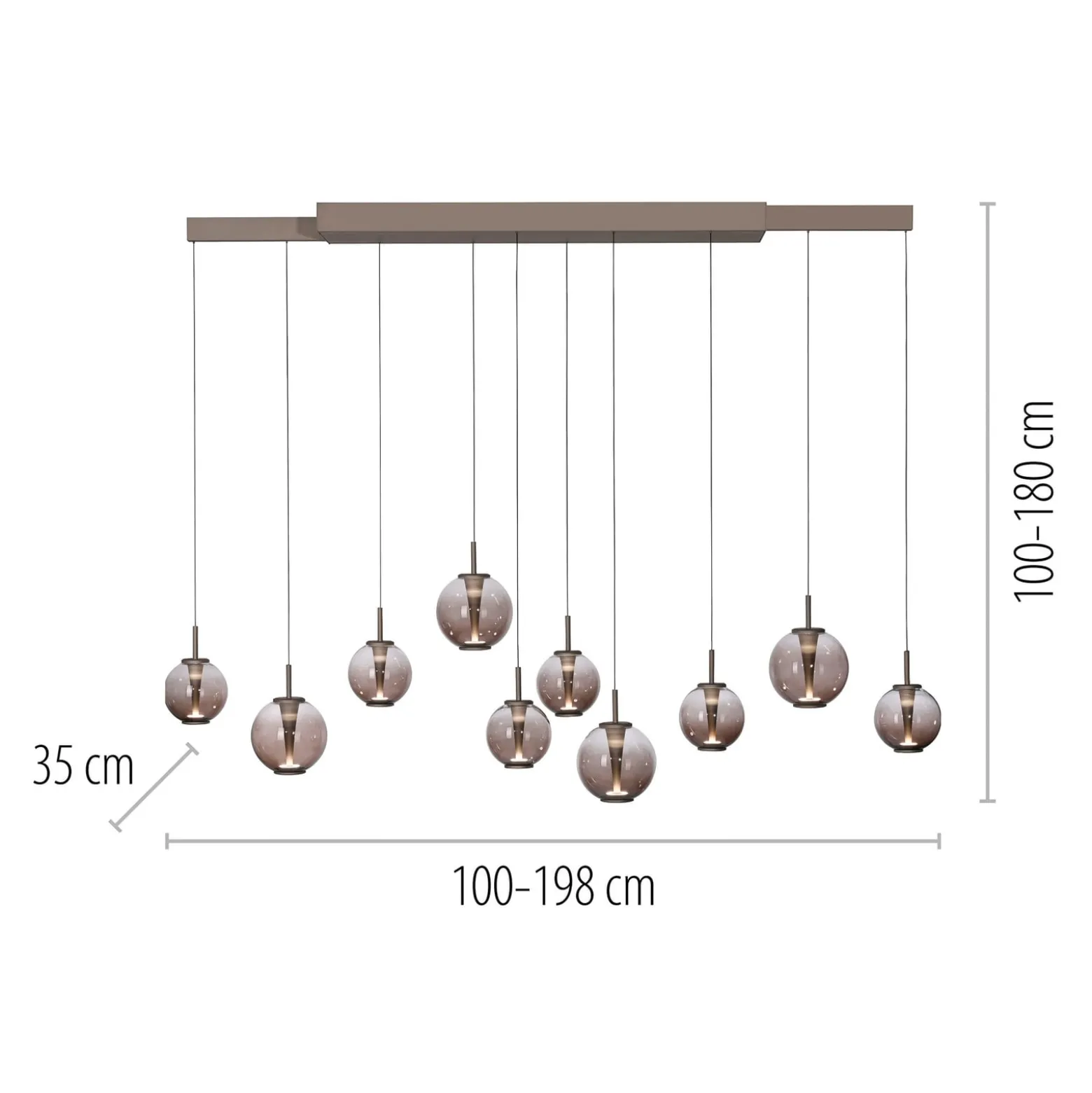 LED-riippuvalaisin PURE E-Infinity, pronssi/keltainen, 198 cm, 10-lamppuinen