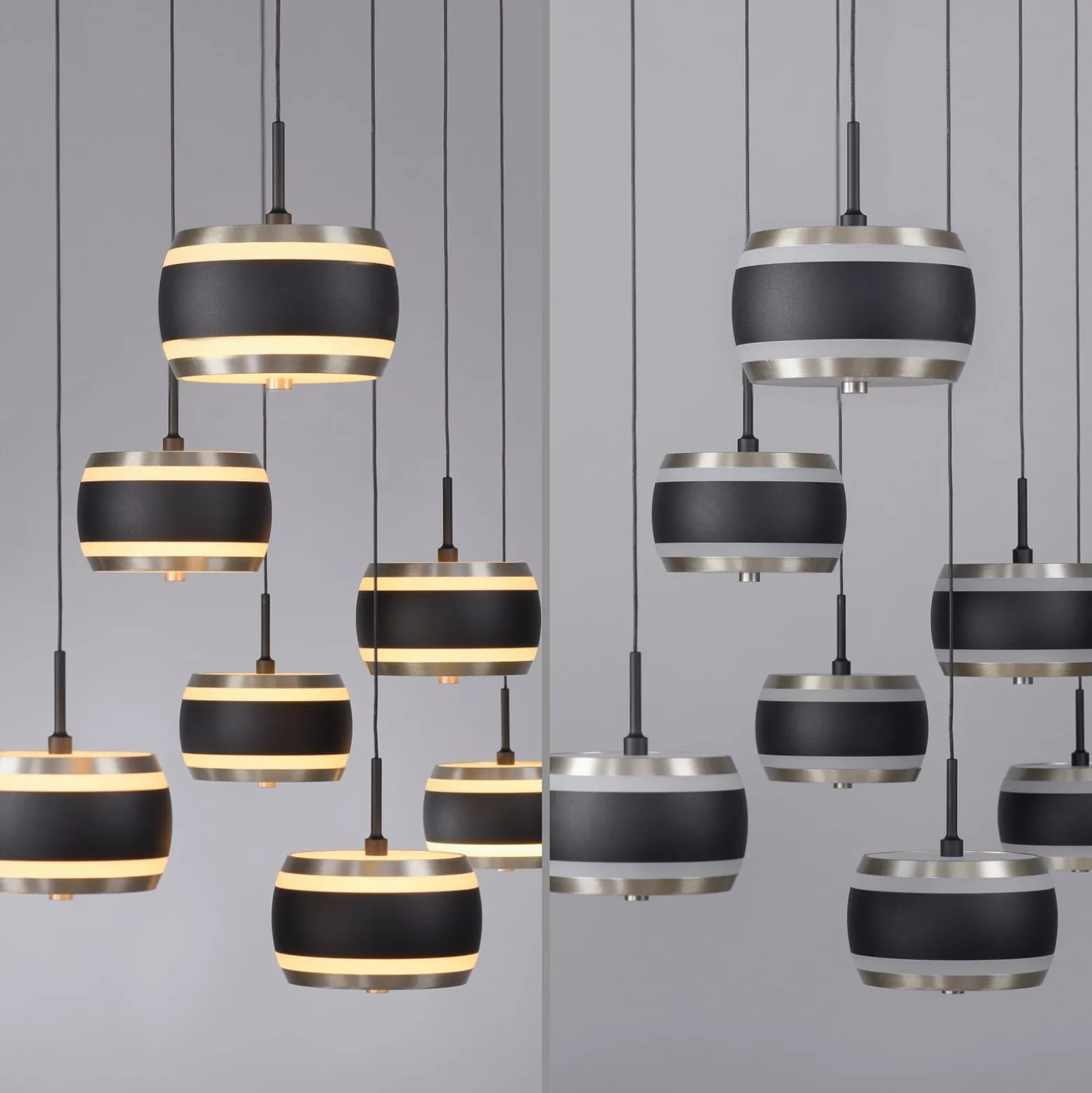 LED-riippuvalaisin PURE Falling Rings, musta, pituus 132 cm, 7-lamppuinen