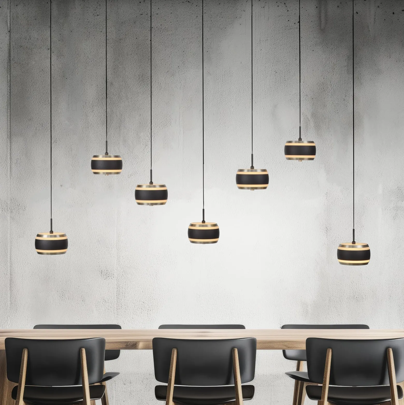 LED-riippuvalaisin PURE Falling Rings, musta, pituus 132 cm, 7-lamppuinen