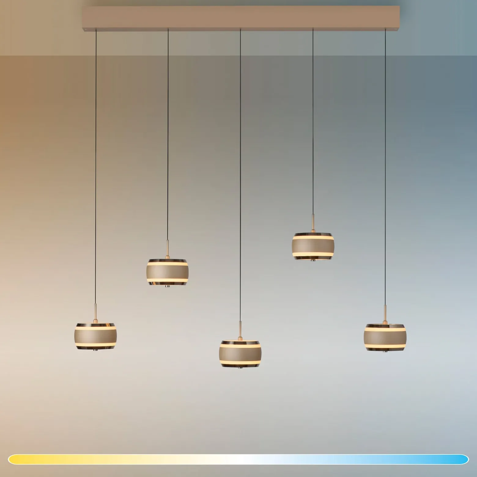 LED-riippuvalaisin PURE Falling Rings, pronssi, pituus 101 cm, 5-lamppuinen
