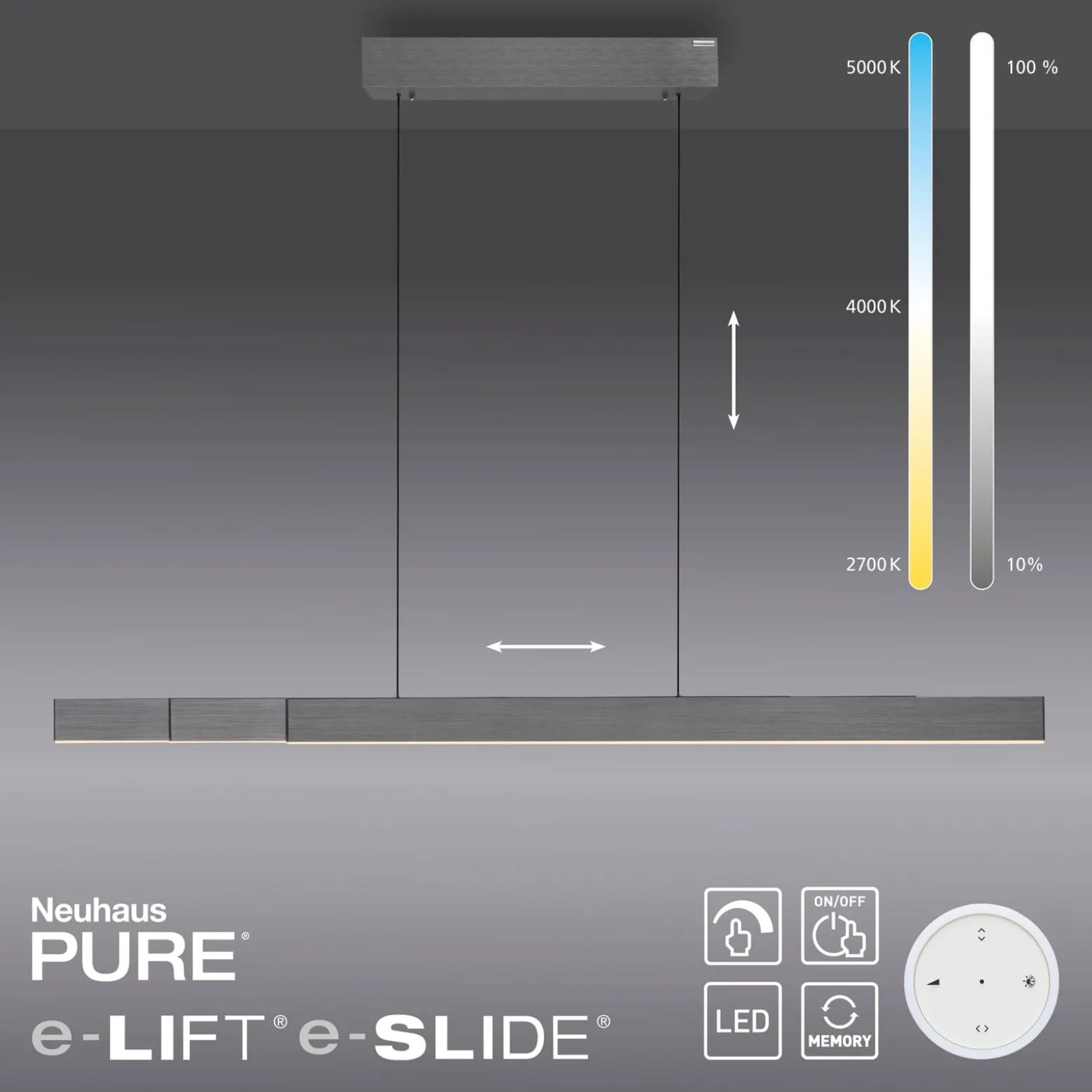 LED-riippuvalaisin PURE Moto-Rise, platina, alumiini, CCT