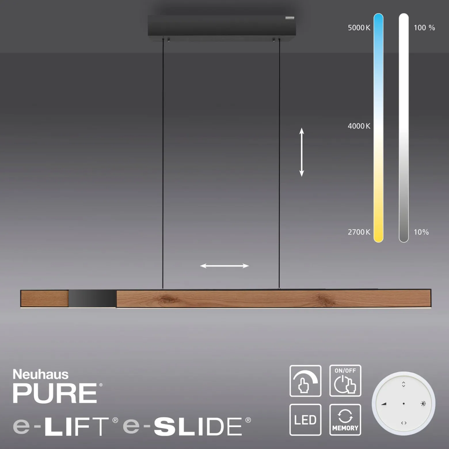 LED-riippuvalaisin PURE Moto-Rise, tammi/musta helmi, alumiini, CCT