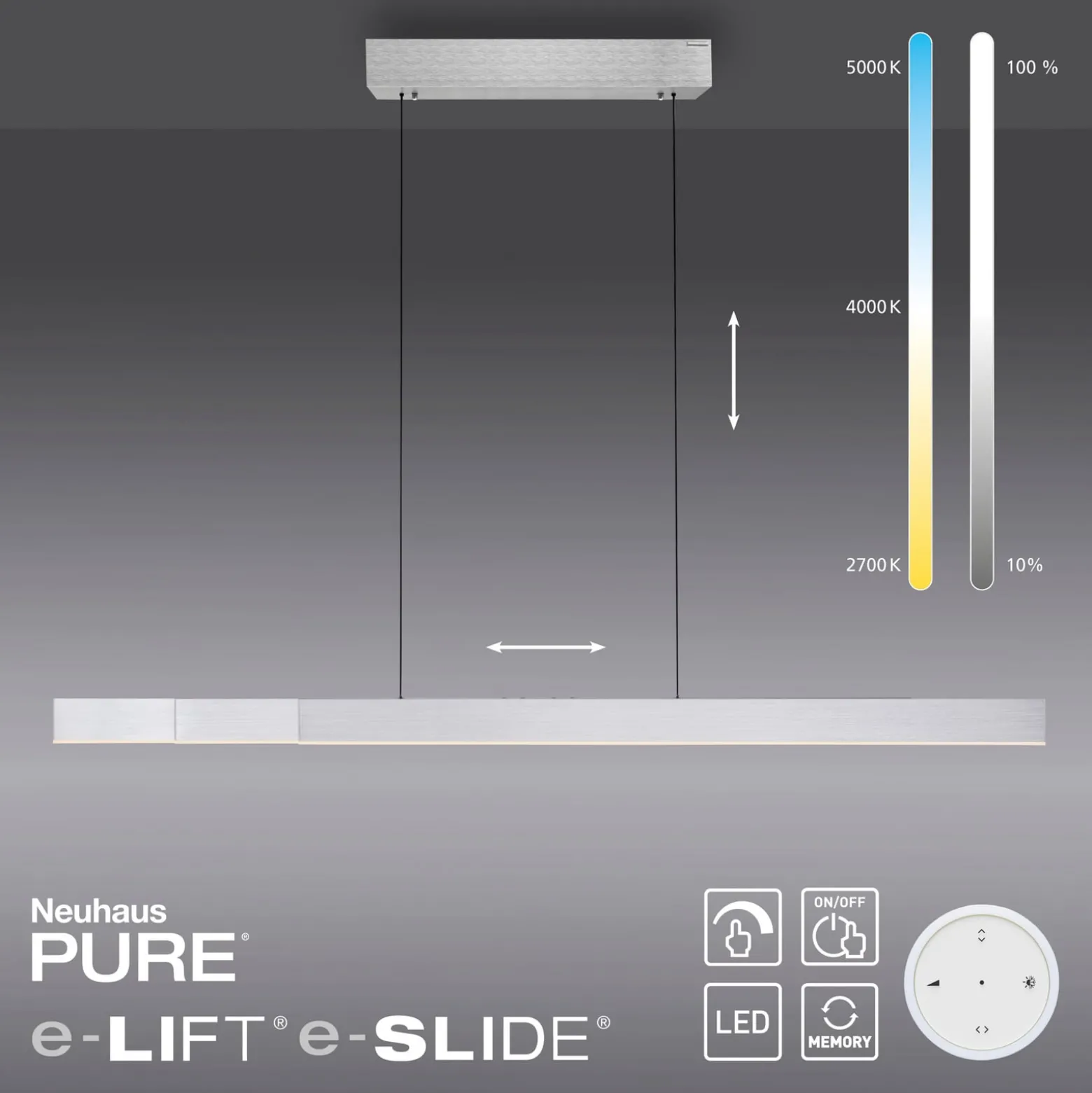 LED-riippuvalaisin PURE Moto-Rise, timantti, alumiini, CCT