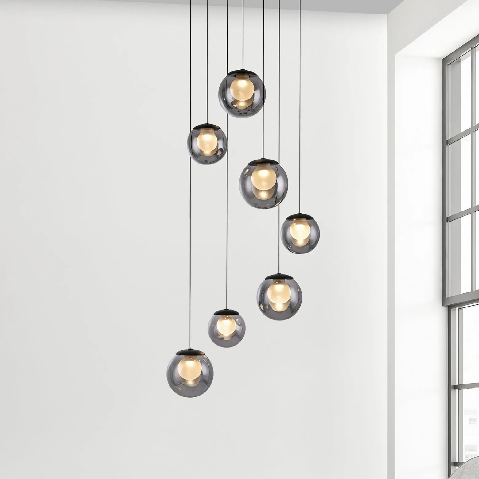 LED-riippuvalaisin PURE Popup, harmaa/savuharmaa, halkaisija 40 cm, 7-lamppuinen