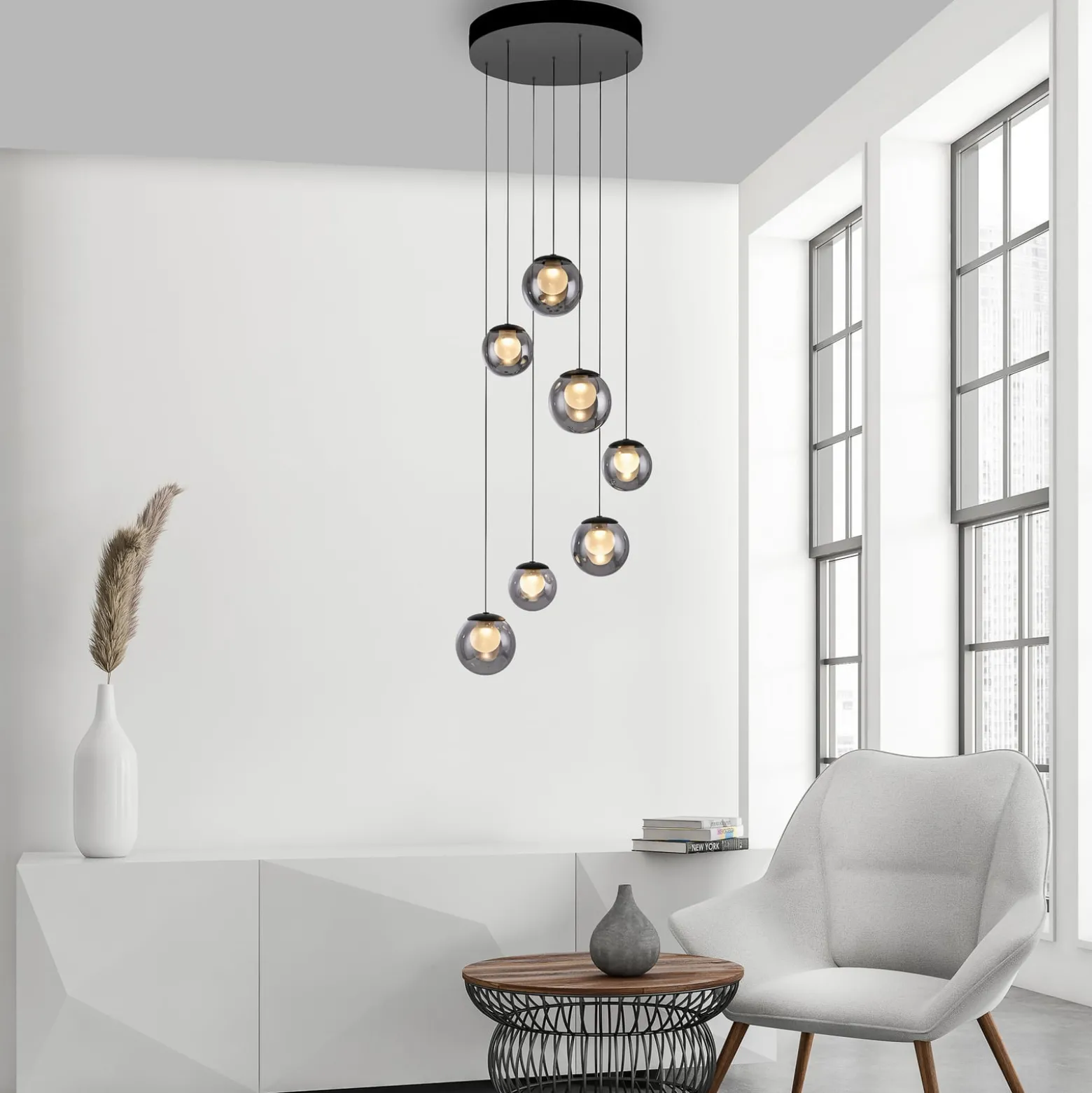 LED-riippuvalaisin PURE Popup, harmaa/savuharmaa, halkaisija 40 cm, 7-lamppuinen