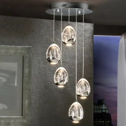 LED-riippuvalaisin Rocio, 5fl., pyöreä, metalli, lasi, kromi