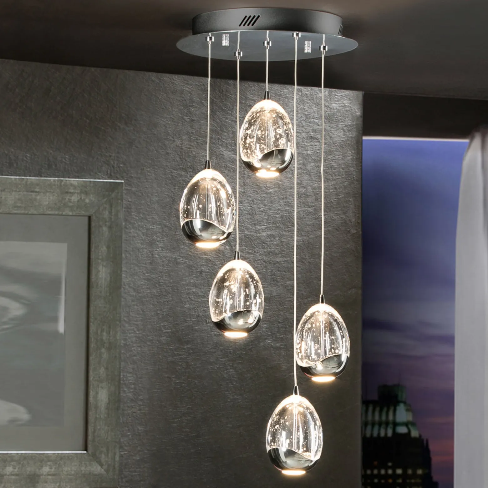 LED-riippuvalaisin Rocio, 5fl., pyöreä, metalli, lasi, kromi