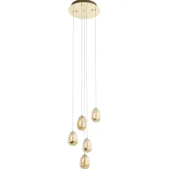 LED-riippuvalaisin Rocio, 5-valo, pyöreä, metalli, lasi, kultainen