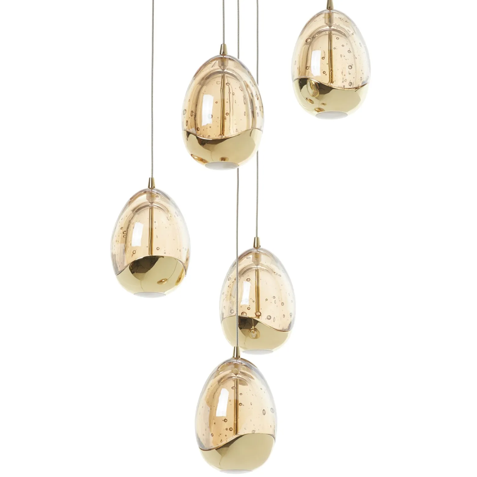 LED-riippuvalaisin Rocio, 5-valo, pyöreä, metalli, lasi, kultainen