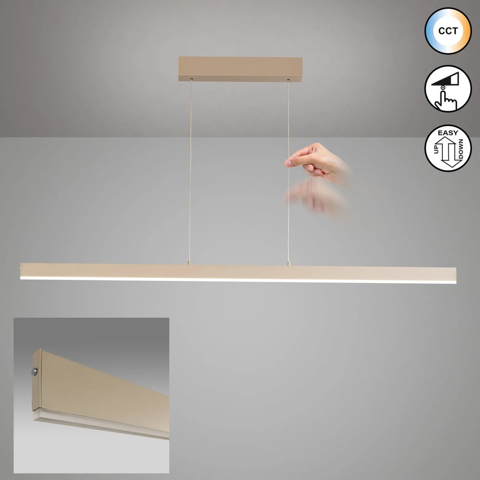 LED-riippuvalaisin Silvano, hiekka, pituus 115 cm, CCT, kosketusdimmeri
