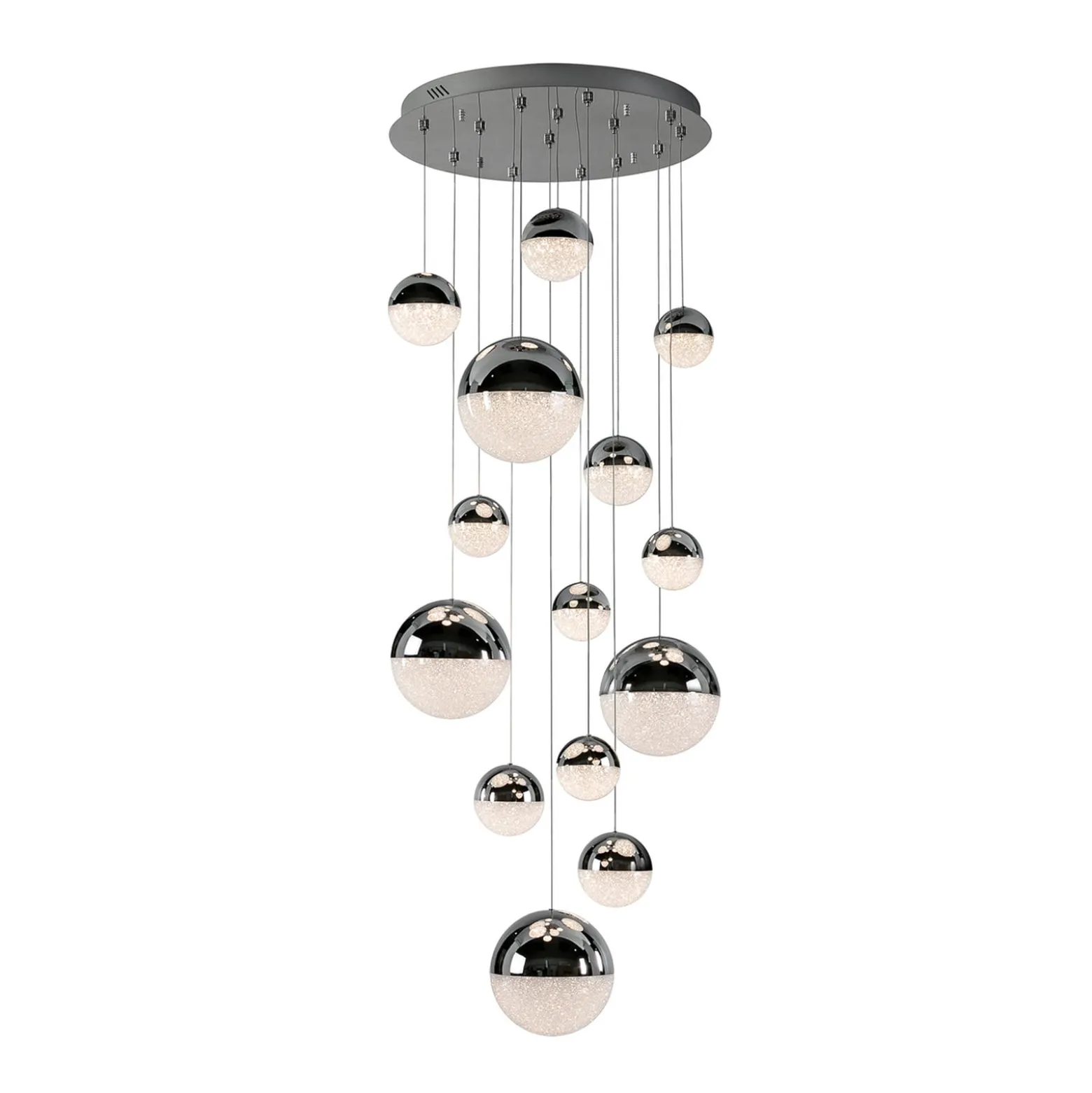 LED-riippuvalaisin Sphere, 14-valoinen, kromi, himmennettävä, Ø 60 cm