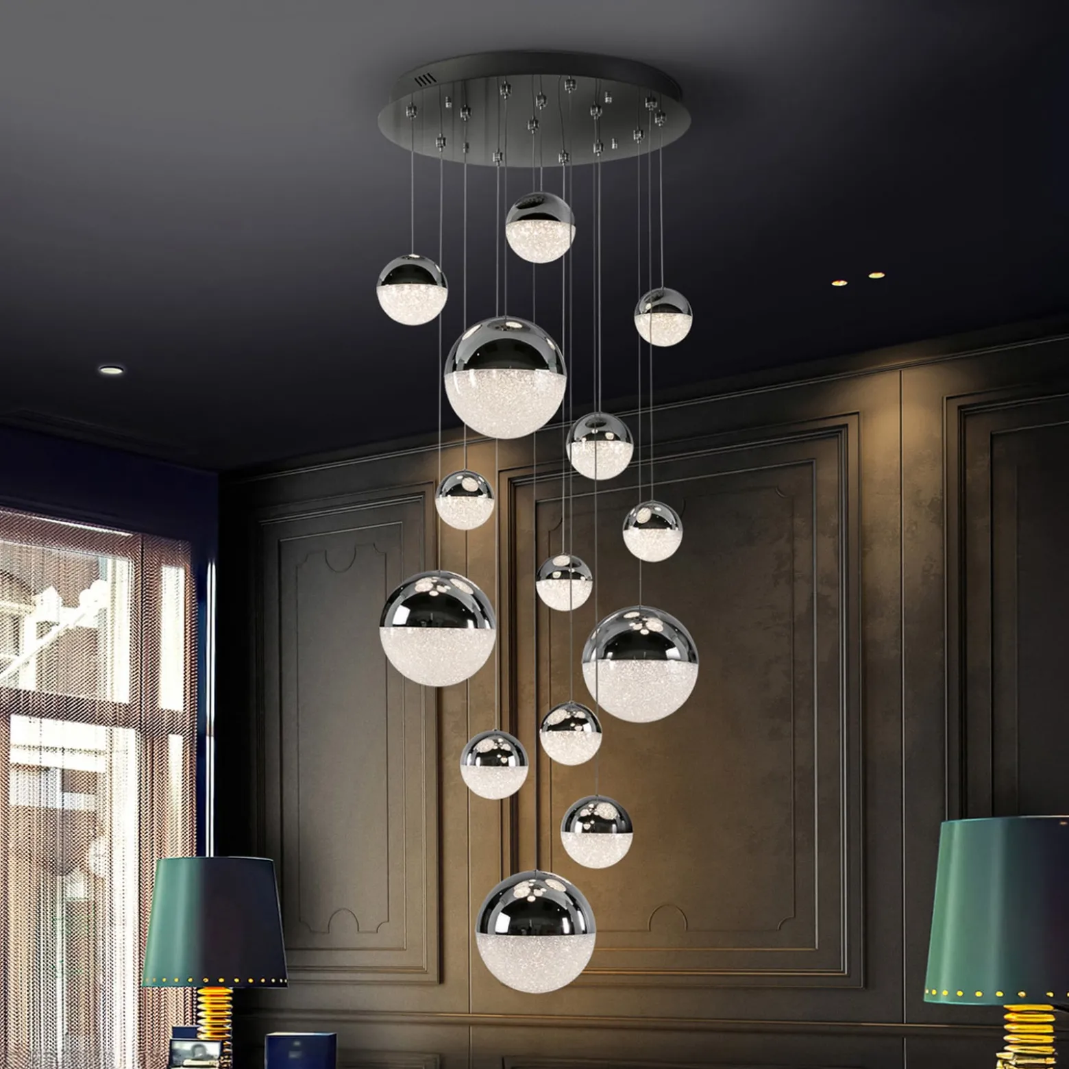 LED-riippuvalaisin Sphere, 14-valoinen, kromi, himmennettävä, Ø 60 cm
