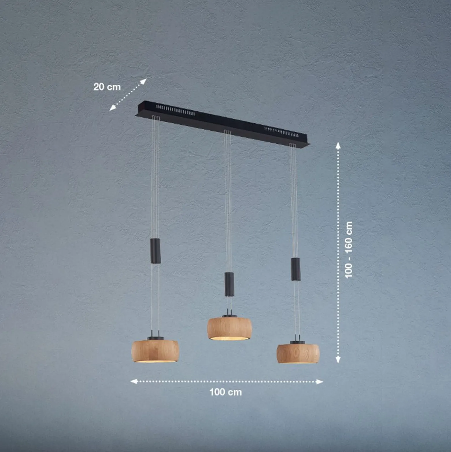 LED-ripustusvalaisin Shine-Wood, tammi/musta Pituus 100 cm 3-valo.