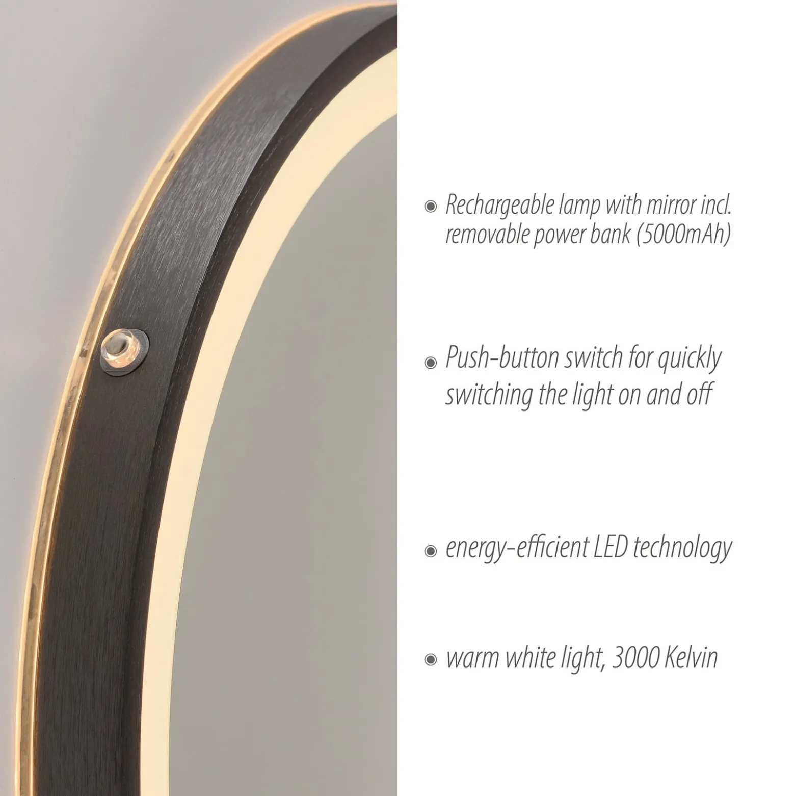 LED-seinäpeili VIDRO, harmaa, Ø 46 cm, powerbank, kytkin
