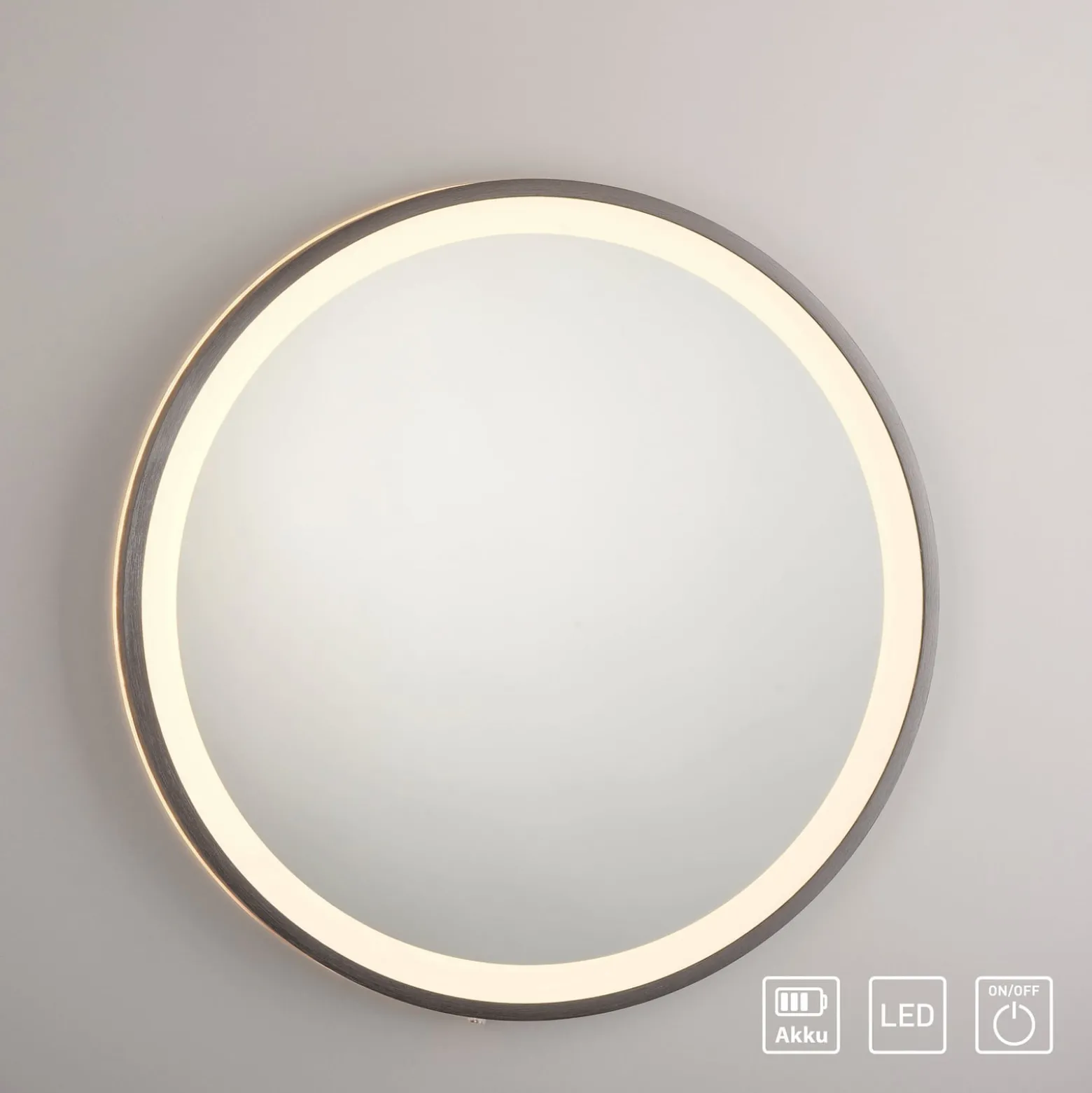 LED-seinäpeili VIDRO, harmaa, Ø 46 cm, powerbank, kytkin