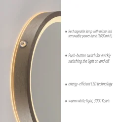 LED-seinäpeili VIDRO, pronssi, Ø 26 cm, powerbank, kytkin