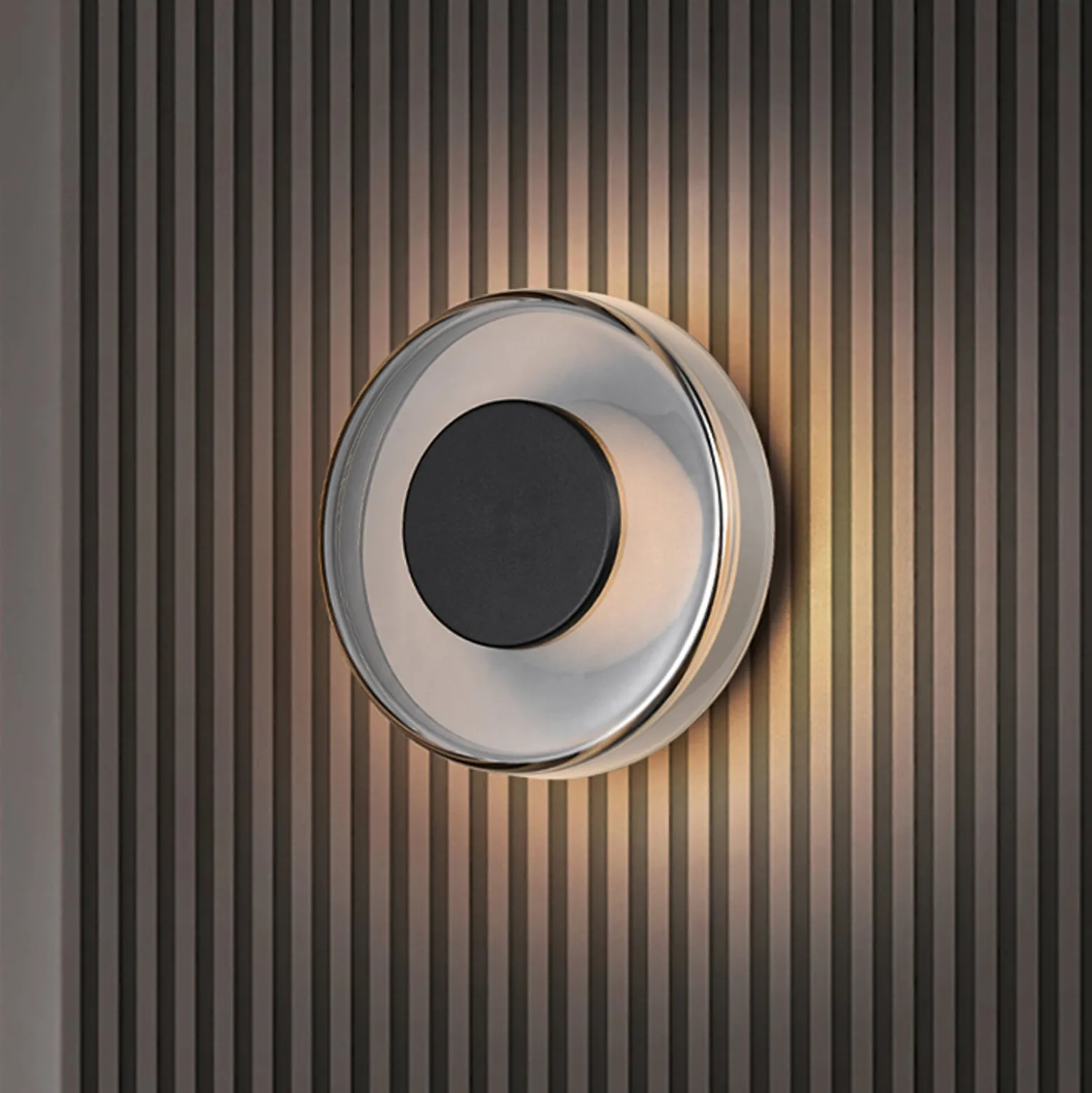 LED-seinävalaisin Celeste, musta/kromi, Ø 22 cm lasi himmennettävä