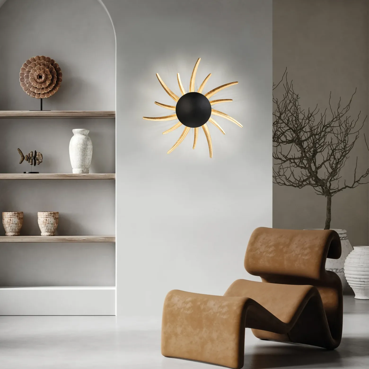 LED-seinävalaisin Sol, musta, kultaisilla säteillä