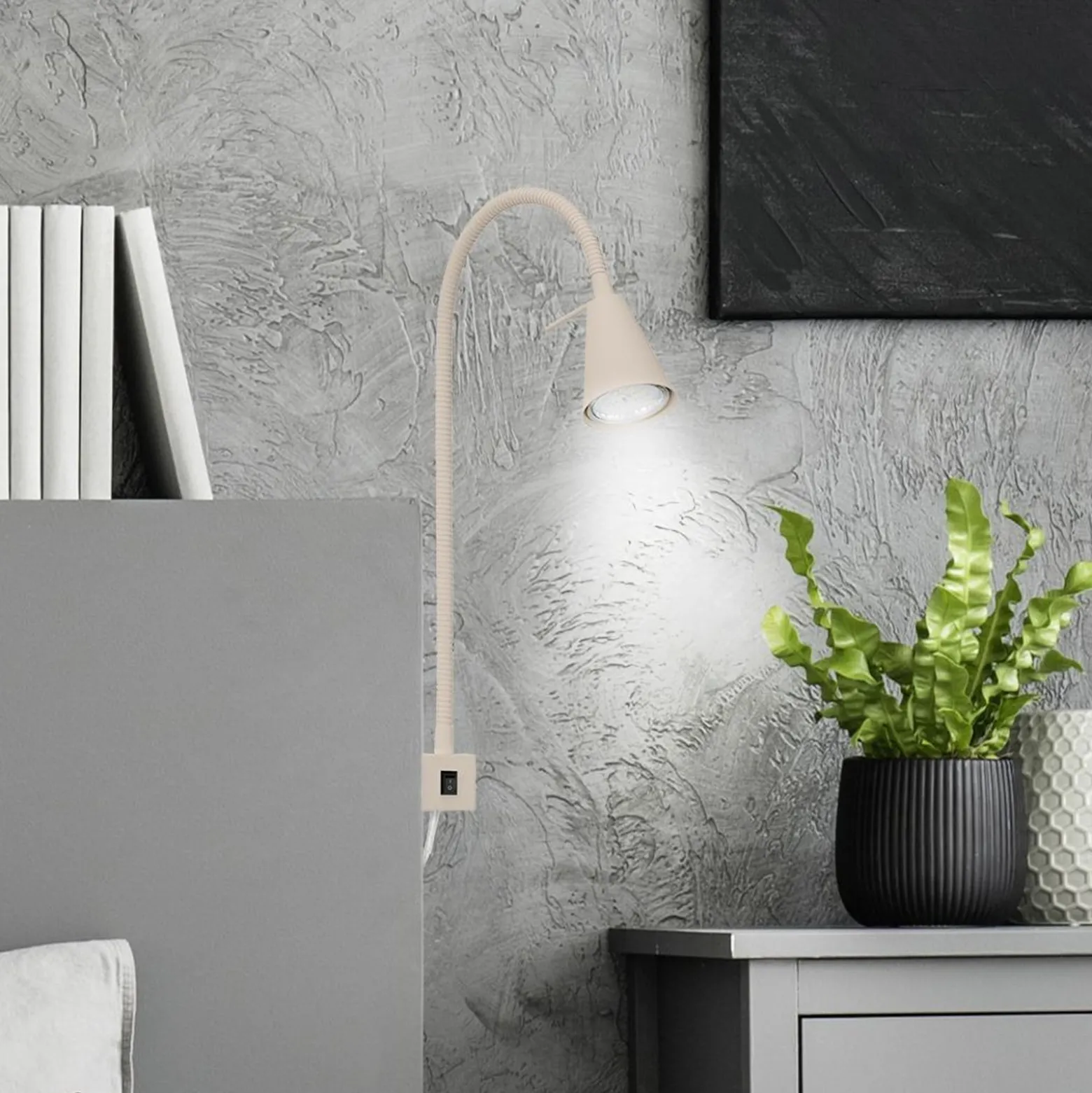 LED-seinävalaisin Tuso, beige, sängyn kiinnitys, metalli, taipuisa varsi