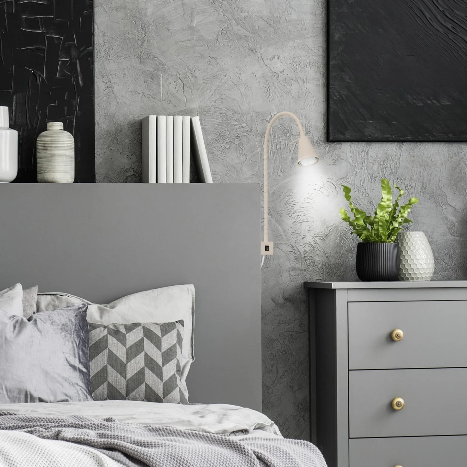 LED-seinävalaisin Tuso, beige, sängyn kiinnitys, metalli, taipuisa varsi