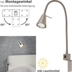 LED-seinävalaisin Tuso, nikkelöity, sängyn kiinnitys, metalli