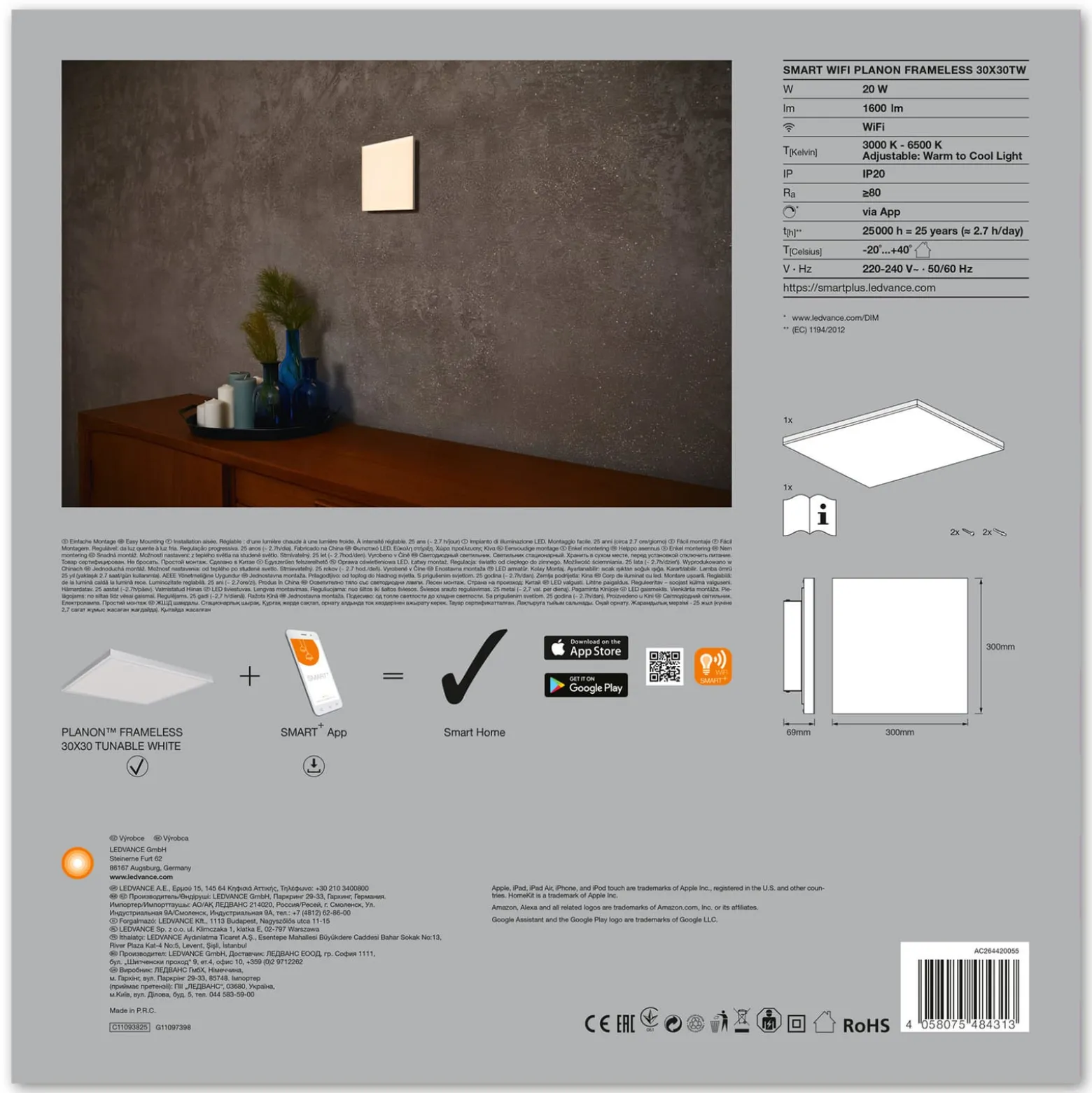 LEDVANCE SMART+ WiFi Planon LED-paneeli CCT 30x30