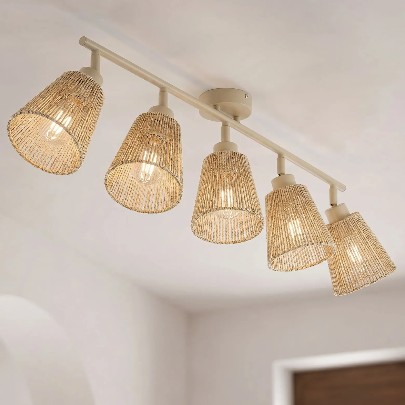 Lindby Anuva -kattokohdevalo, 86 cm, 5-lamppuinen, beige, paperi