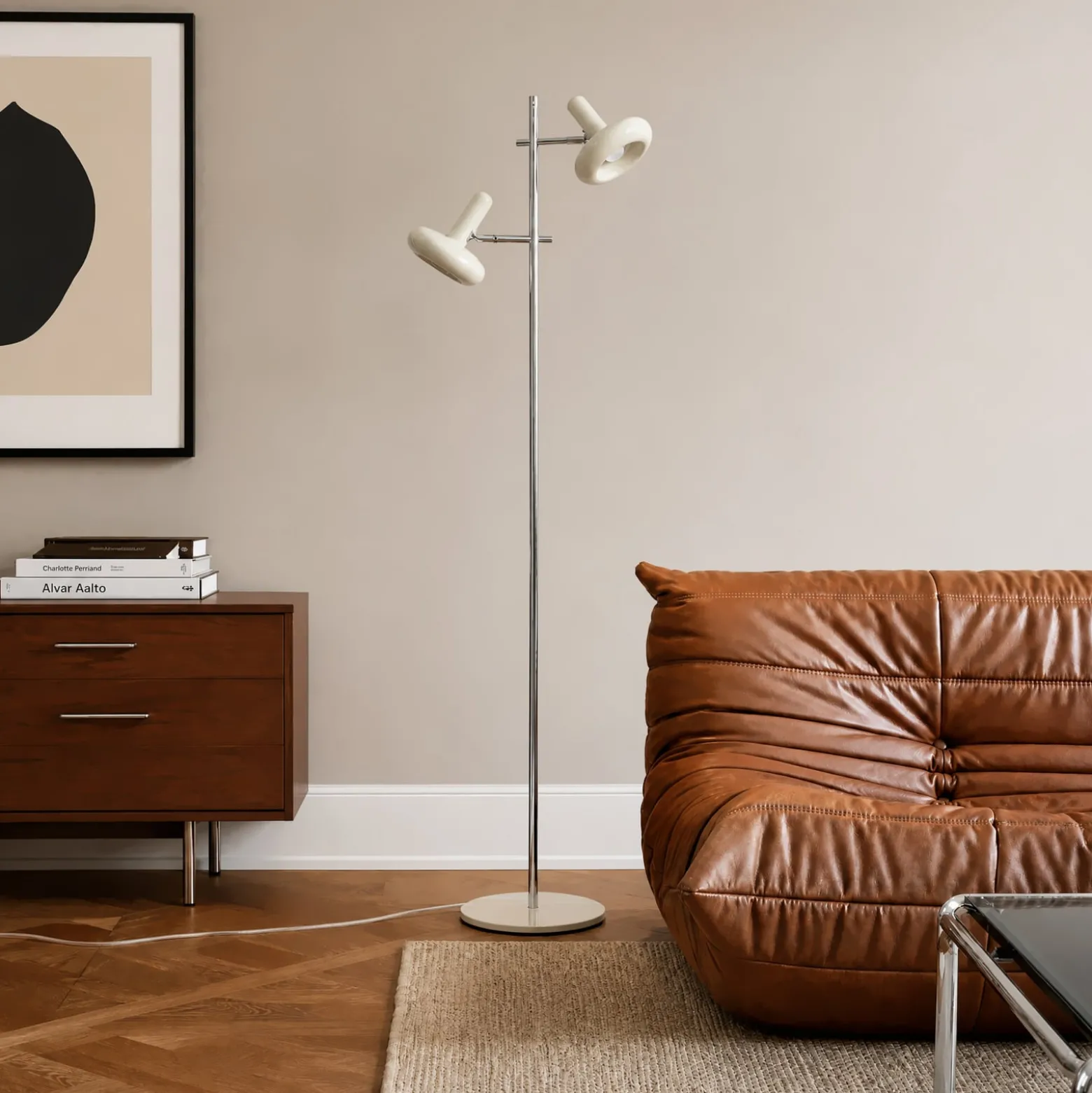 Lindby Dylan -lattiavalaisin, 2-lamppuinen, kromi/beige, 150 cm, E14
