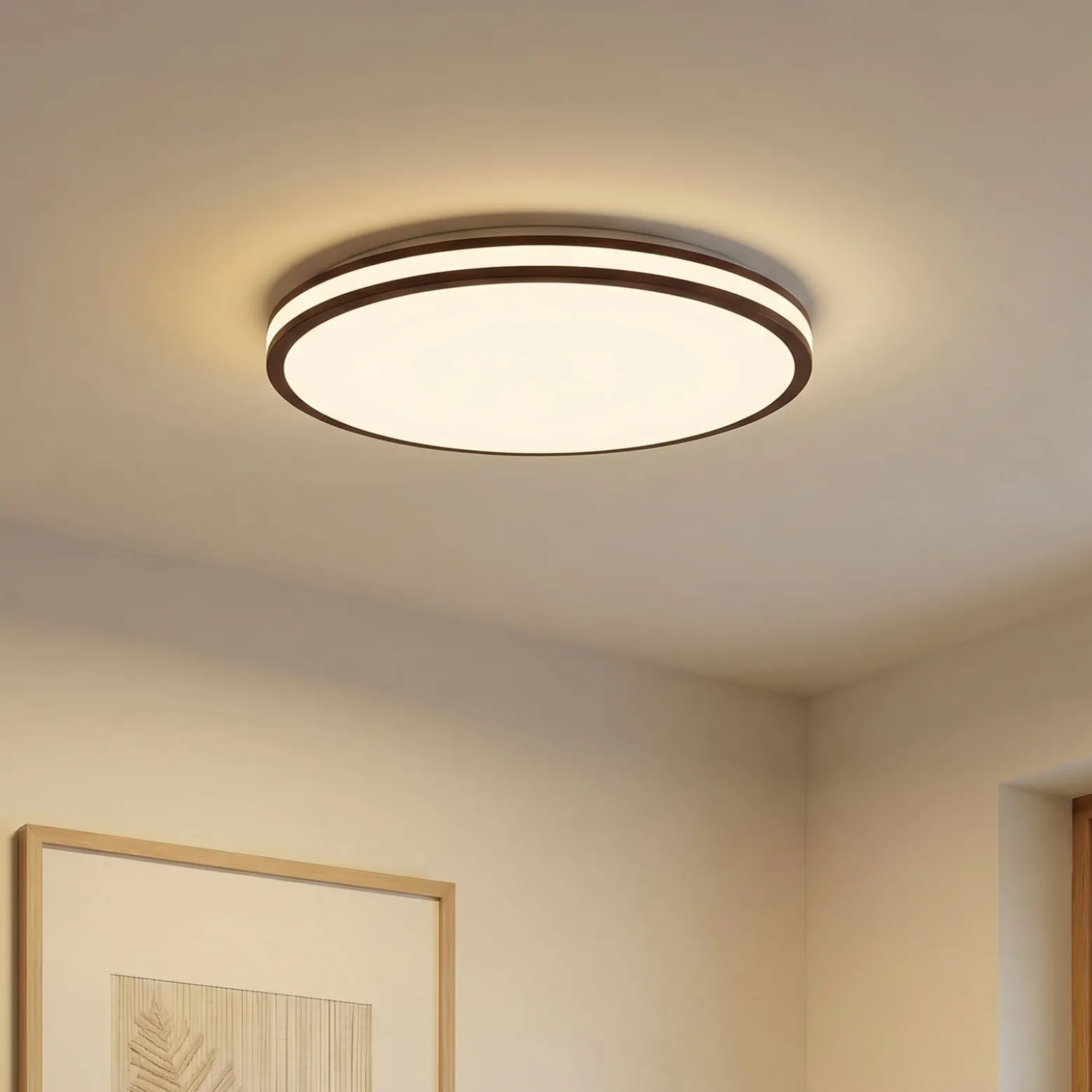 Lindby Emiva LED-kattovalaisin, halkaisija 50 cm, tumma puu, CCT