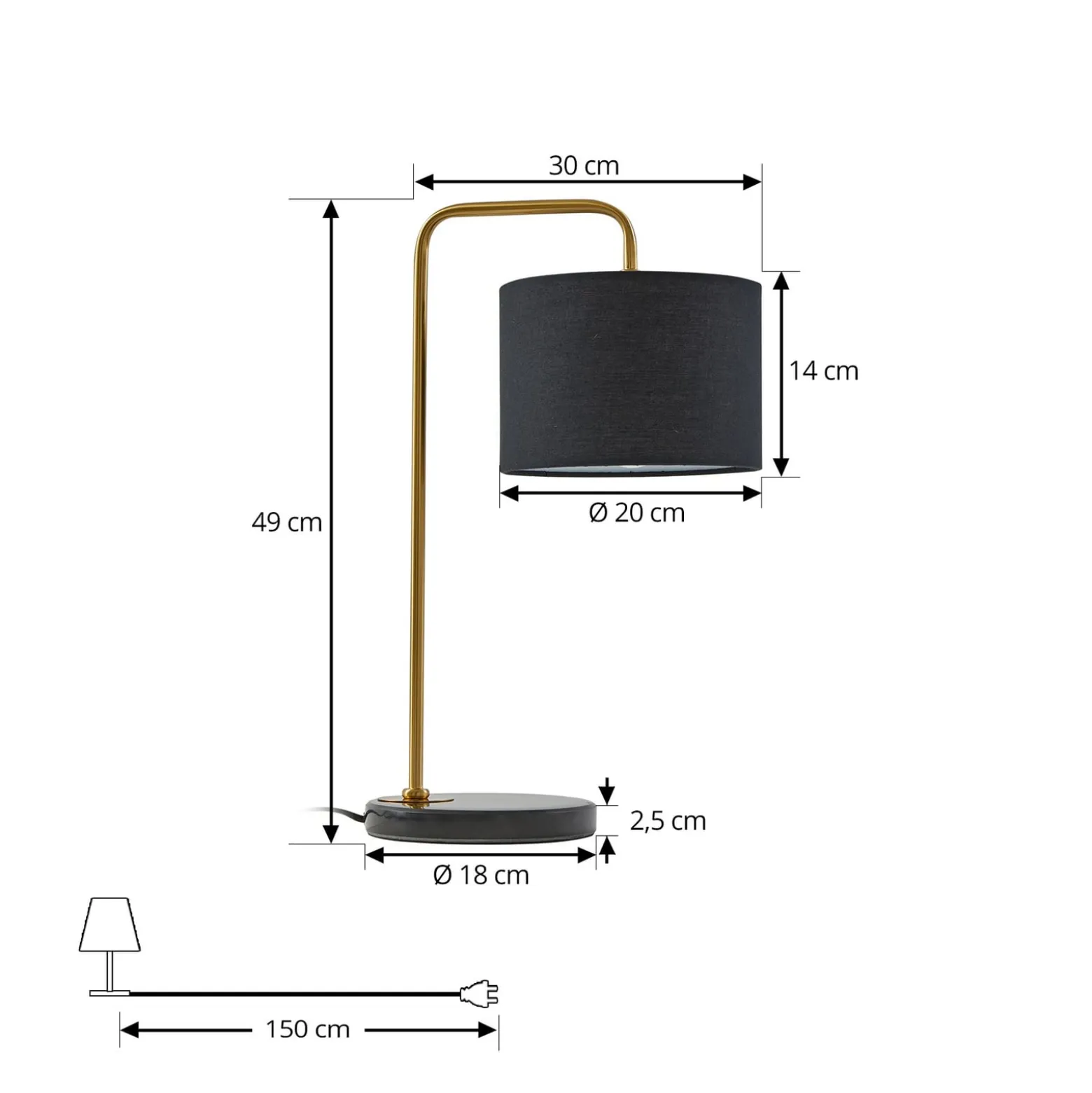 Lindby Hillary pöytävalaisin, musta/kulta, marmori, 49 cm