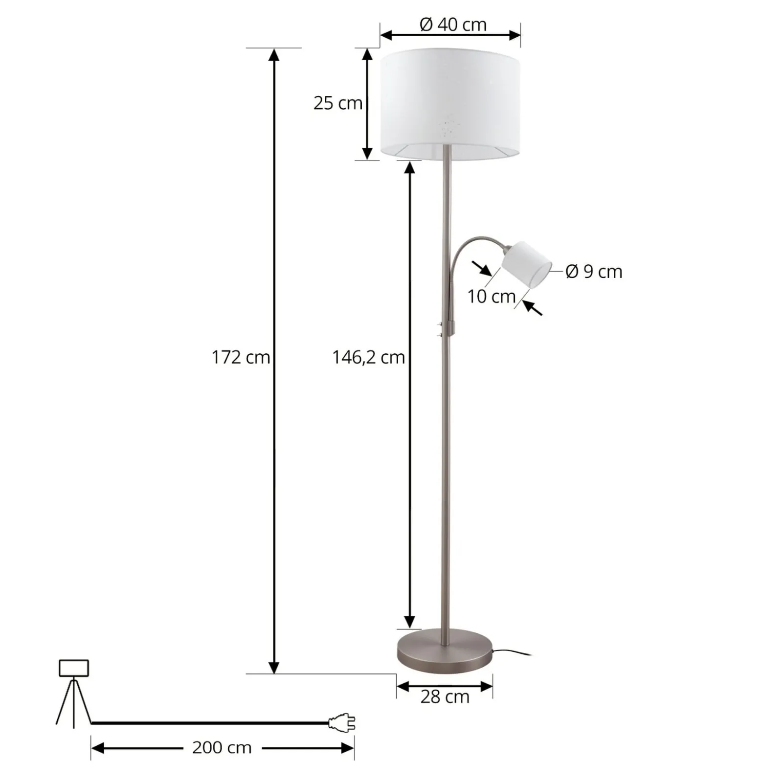 Lindby Jaileen lattiavalaisin, valkoinen, tekstiili, 170 cm, lukuvalo