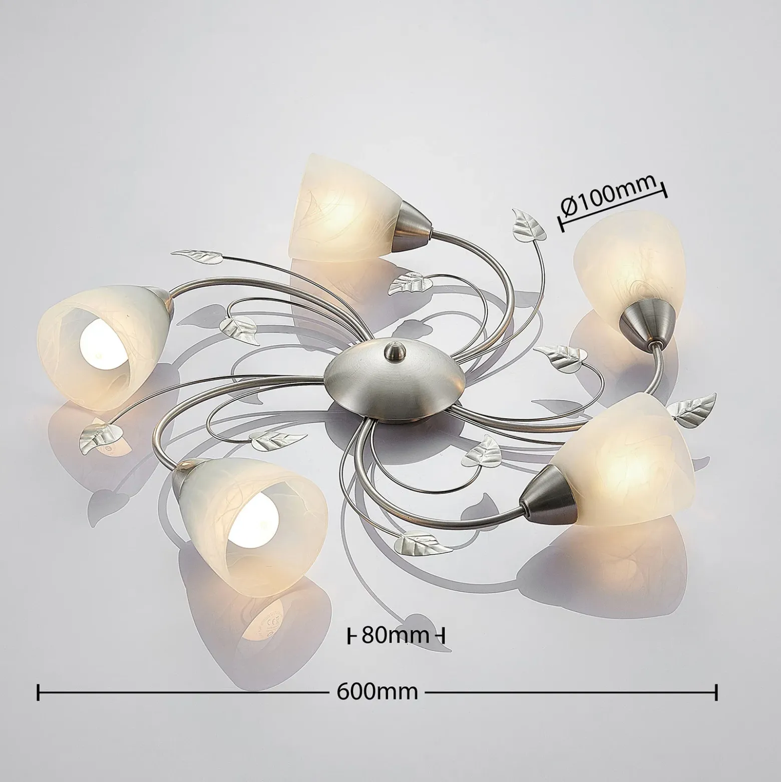 Lindby kattovalaisin Yannie, 5-valo, 60cm, nikkeli/valkoinen, lasi
