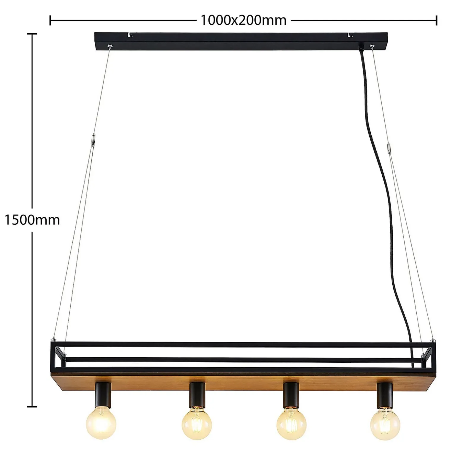 Lindby Kirista-riippuvalo, 4-lamppuinen, musta/puu, 100 cm, E27