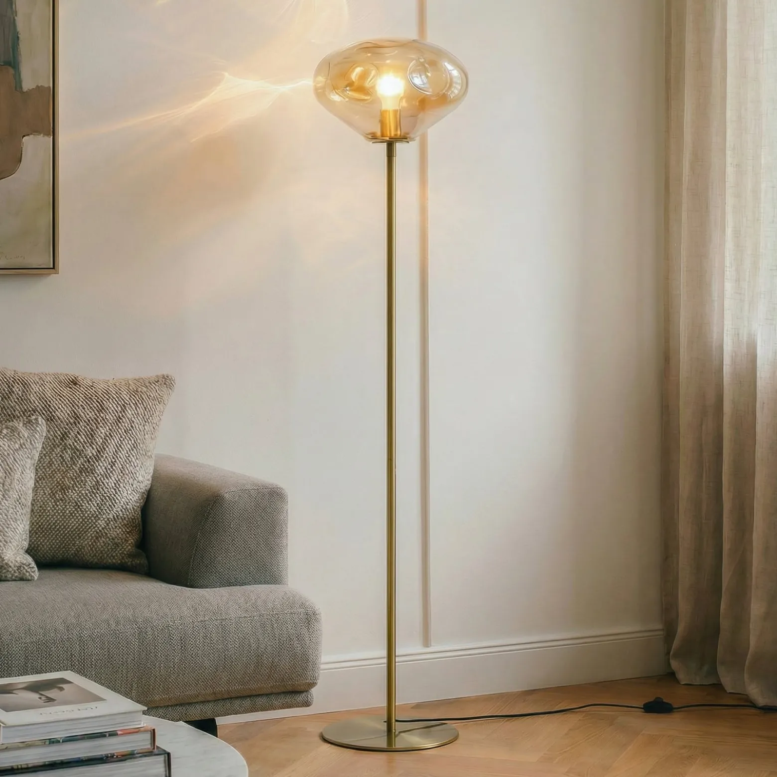 Lindby lattiavalaisin Lelia, keltainen, lasi, metalli, 150 cm