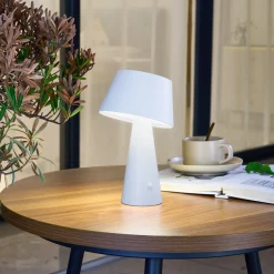 Lindby LED-aurinkopöytälamppu Lirinor, valkoinen, muovi, Ø 13 cm