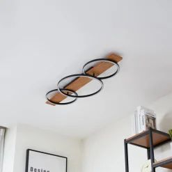 Lindby LED-kattovalaisin Galad, musta, puu, 3-valo, 98 cm