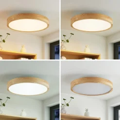 Lindby LED-kattovalaisin Lanira, Ø 50 cm, puu, kaukosäädin, CCT