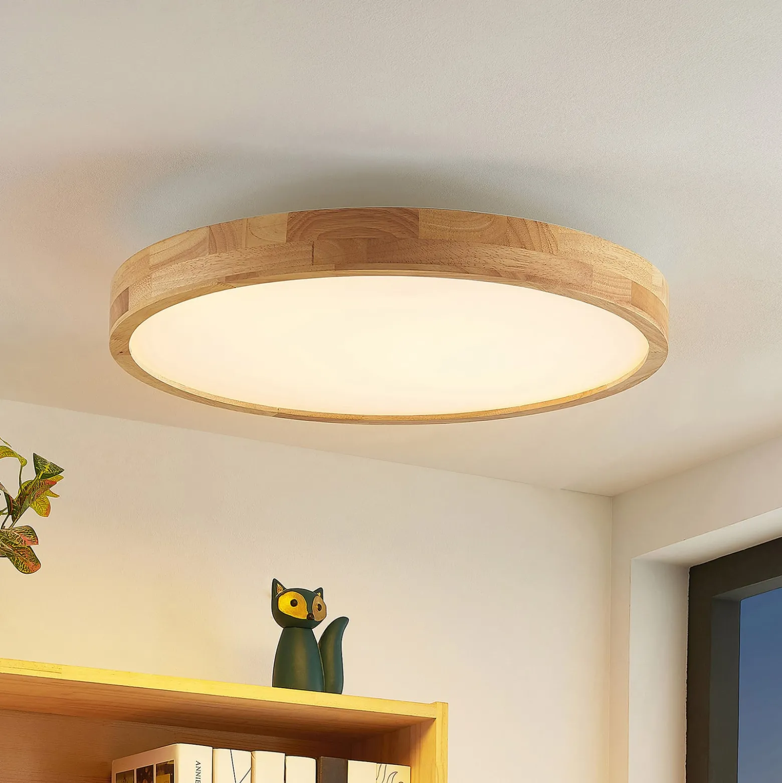 Lindby LED-kattovalaisin Lanira, Ø 60 cm, puu, kaukosäädin, CCT