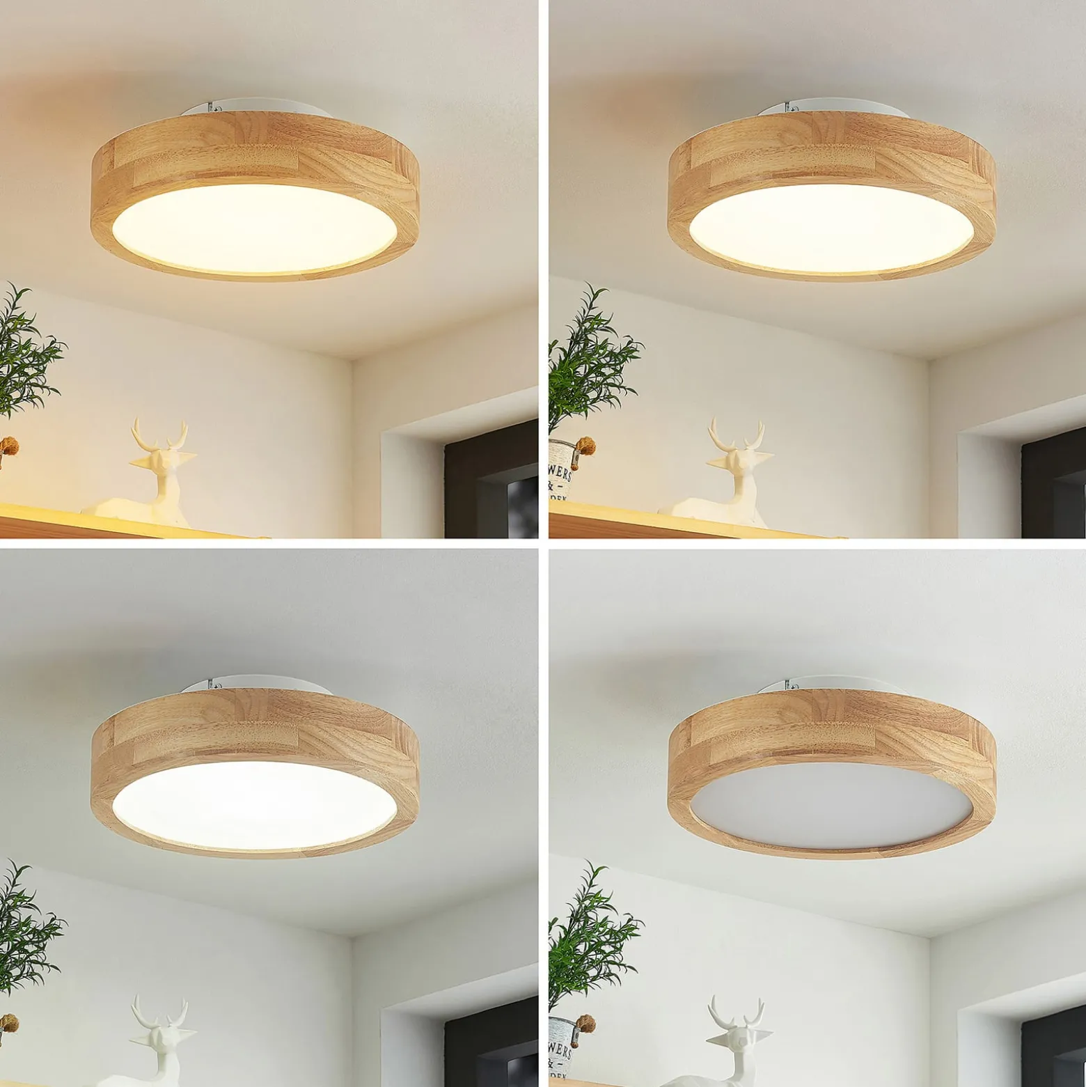 Lindby LED-kattovalaisin Lanira, Ø 30 cm, puu, kaukosäädin, CCT