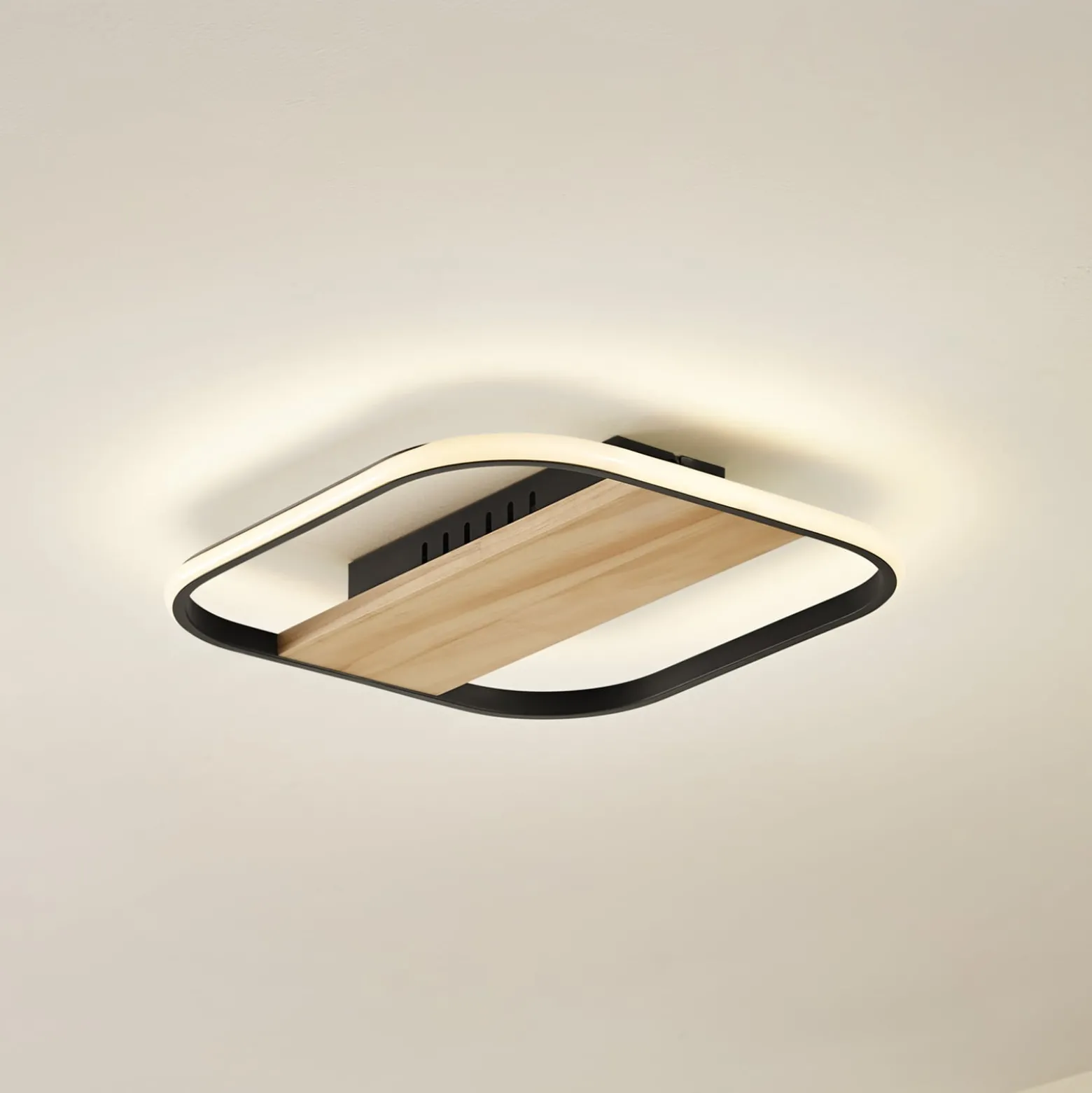 Lindby LED-kattovalaisin Romilda, harmaa, puu, 37 cm leveä