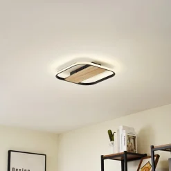 Lindby LED-kattovalaisin Romilda, harmaa, puu, 37 cm leveä