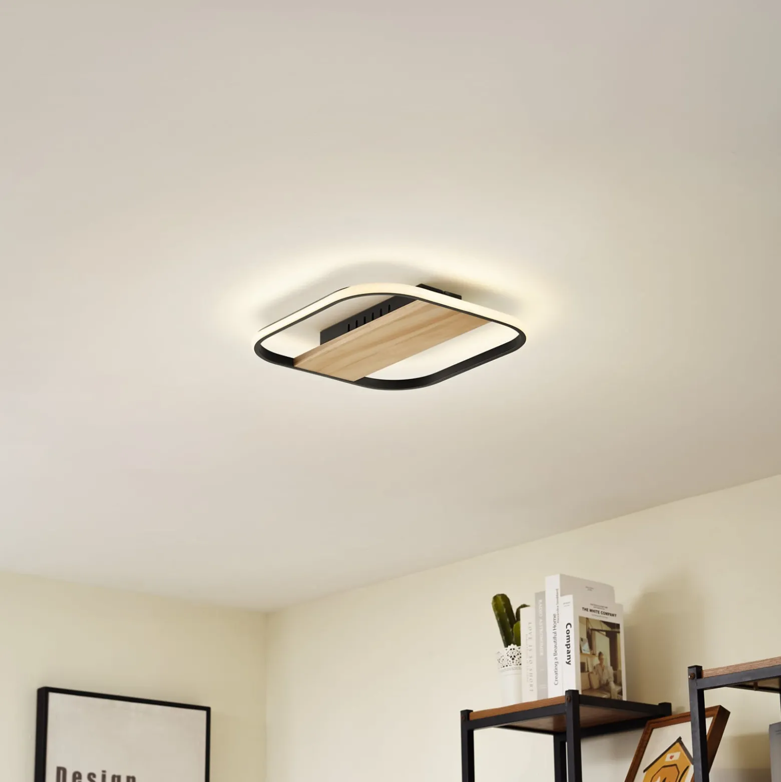 Lindby LED-kattovalaisin Romilda, harmaa, puu, 37 cm leveä