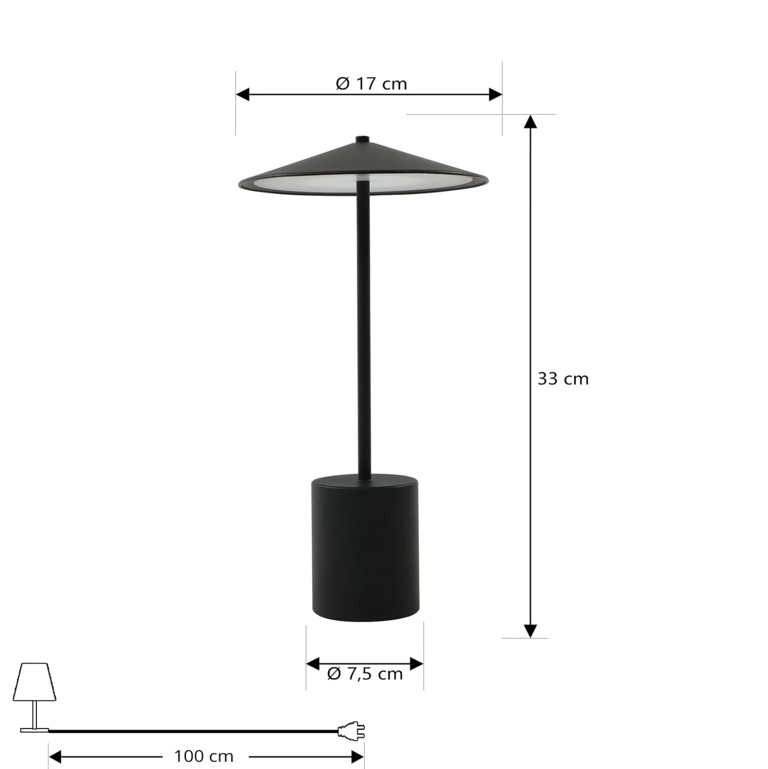 Lindby LED-ladattava pöytävalaisin Ayva, musta, alumiini, IP44