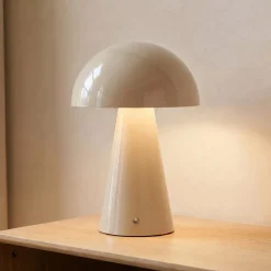 Lindby LED-ladattava pöytävalaisin Nevijo, beige, Ø20cm, USB, himmennin