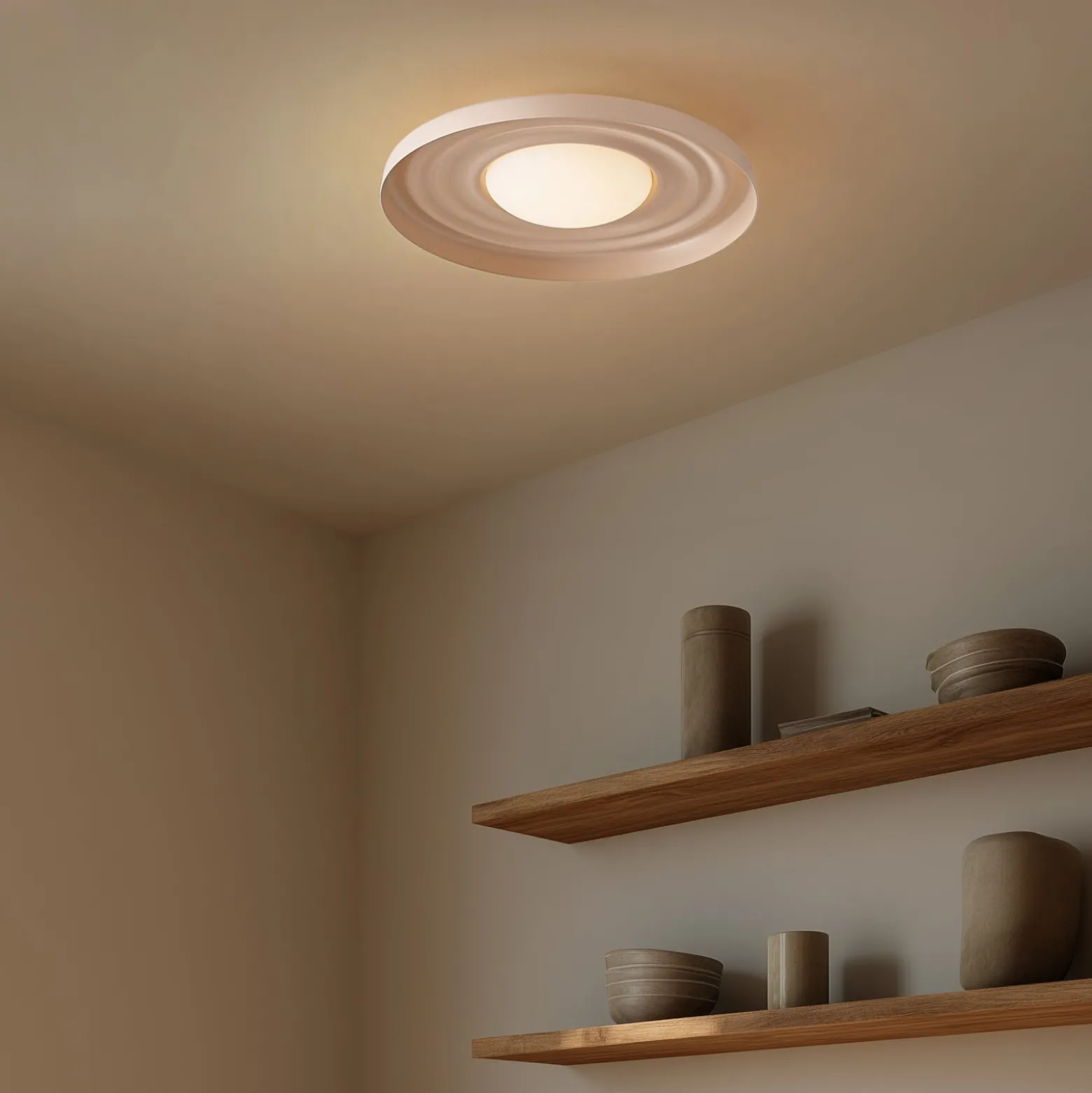 Lindby LED-seinävalaisin Waves, beige, Ø 43 cm, metalli