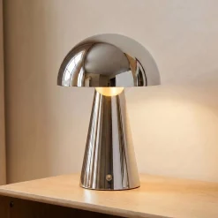 Lindby Nevijo LED-akkukäyttöinen pöytävalaisin, kromi, Ø20 cm, USB, himmennin