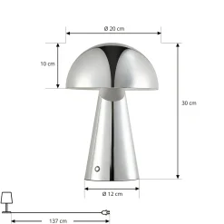 Lindby Nevijo LED-akkukäyttöinen pöytävalaisin, kromi, Ø20 cm, USB, himmennin